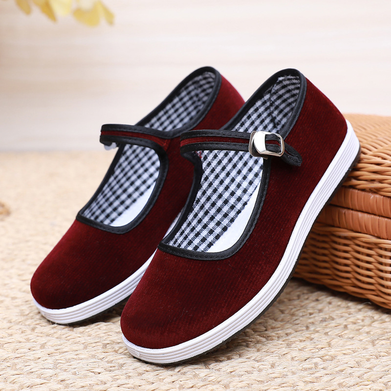 Old Beijing Cloth Shoes Women's Flat Non-slip Comfortable Work Shoes Striped Velvet Cloth Shoes Hotel Work Black Cloth Shoes Mother Shoes