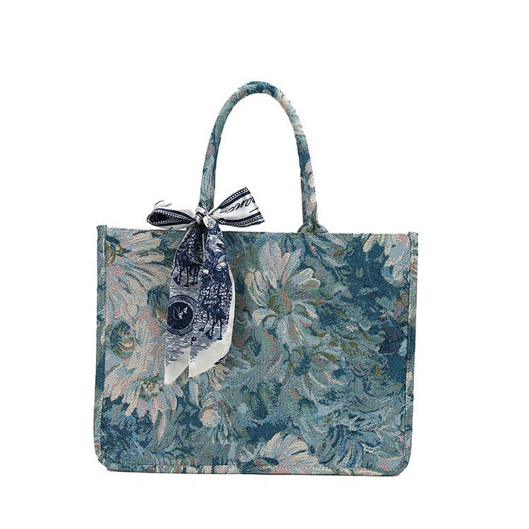 Bolso tote transfronterizo para mujer, nuevo bolso de hombro de gran capacidad tejido jacquard con pintura al óleo de jardín de Monet para comercio exterior