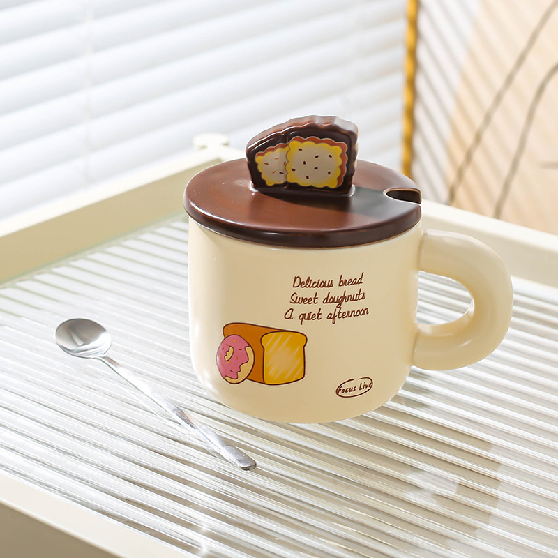 Pan creativo de cerámica hogar lindo taza de dibujos animados taza pareja taza de agua con tapa cuchara taza de café taza de desayuno