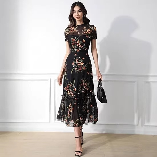 Women's Summer Floral Mesh Ruched Dress Short Sleeve Round Neck Waist Cinching Casual Maxi Wedding Guest Dress Women's Summer Floral Mesh Ruched Dress Short Sleeve Round Neck Waist Cinching Casual Maxi Wedding Guest Dress