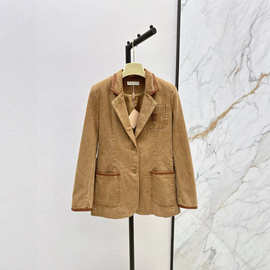 深圳南油复古时尚高端翻领金扣宽松拼皮字母贴布刺绣牛仔西装外套