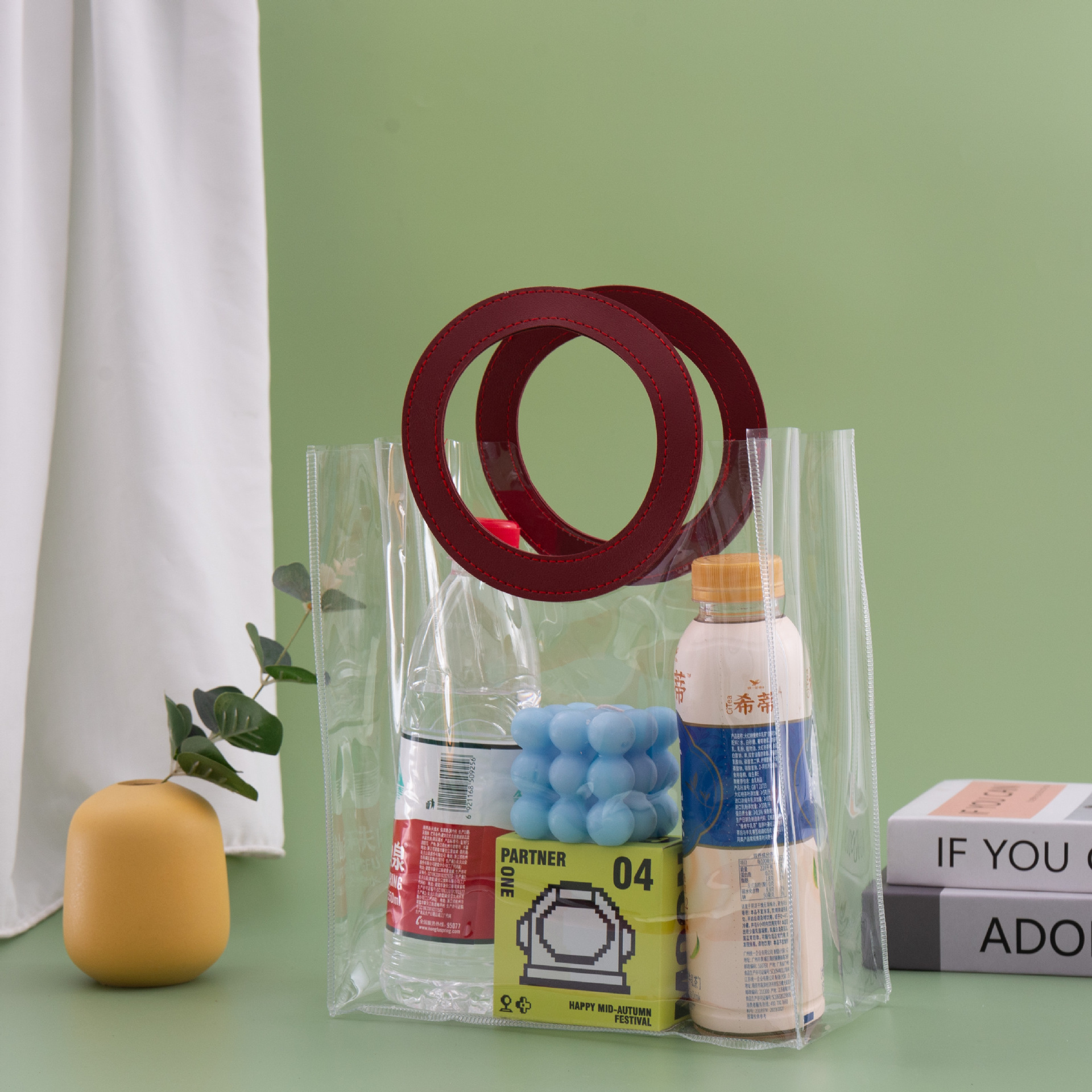 透明塑料镭射PVC手提袋伴手礼喜糖袋服装购物圣诞礼品枣红色圆形