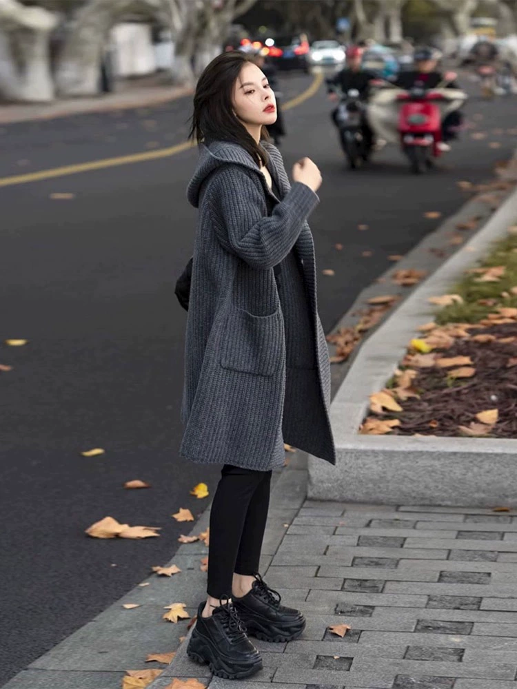 Demi-season woolen long long-sleeve with hood, cardigan, 2023, Korean style, with sleeve, mid-length