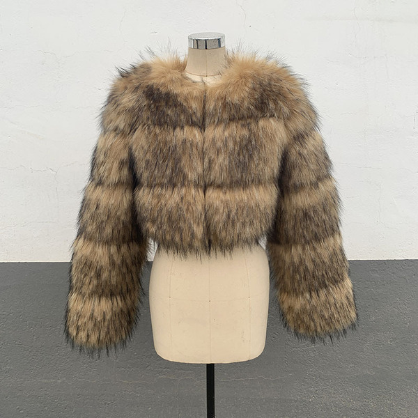 S-6XL imitation raccoon fur coat winter women's round neck warm…
