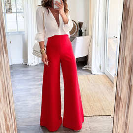 现货2025春季新款欧美女装跨境女士时尚气质纯色高腰喇叭长西裤