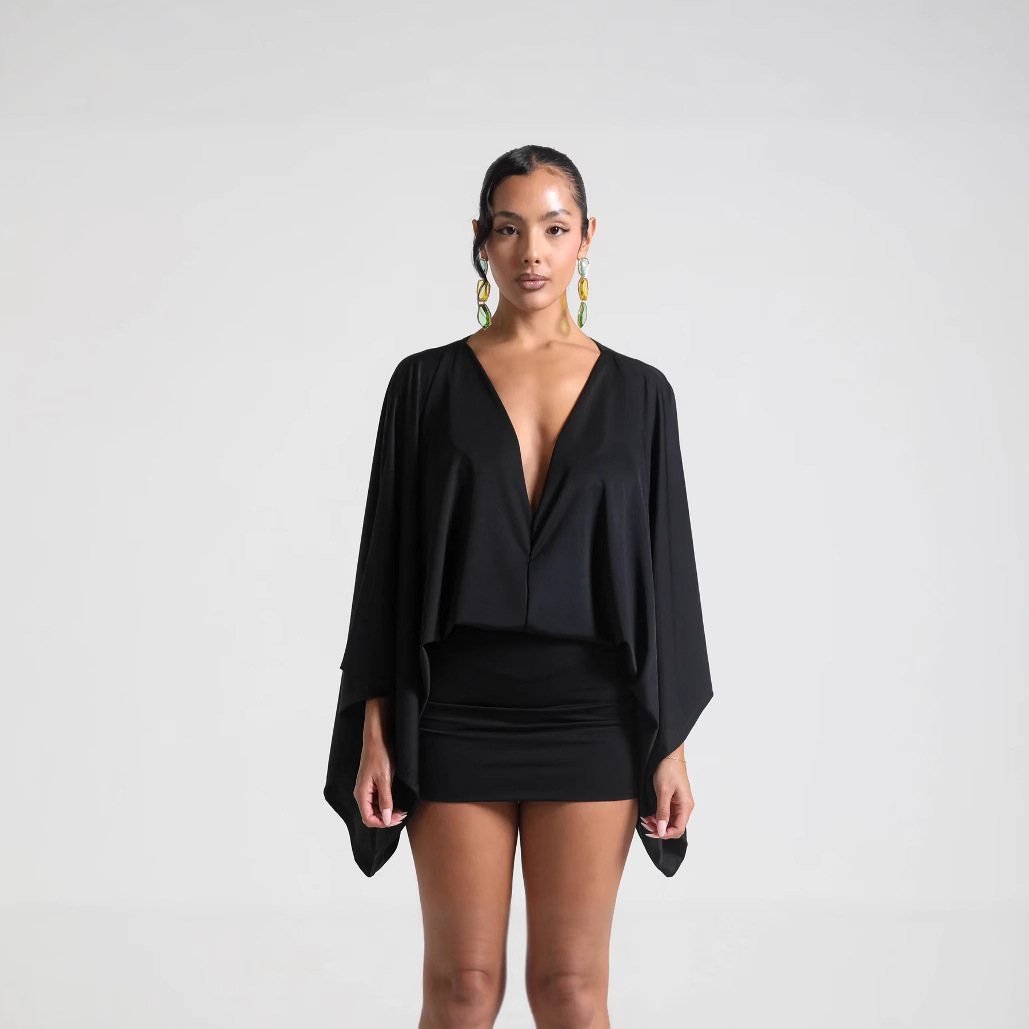 Women's Summer V-Neck Patchwork Mini Dress – Casual & Comfortable Solid Color Dress For Everyday Wear_ecoleips.com