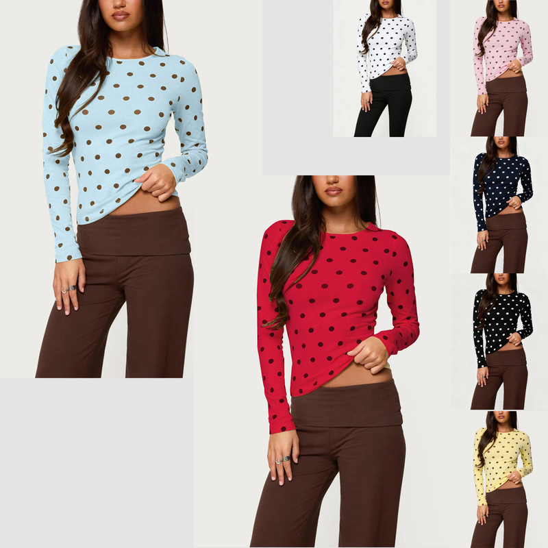 Cross-Border Amazon European and American Export Women's Polka Dot Slim Round Neck Long-Sleeved Top Polka Dot T-Shirt Comfortable and Casual