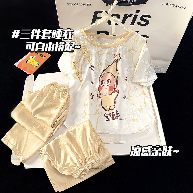 New Chinese Style Ice Silk Pajamas for Women, Short-Sleeved Three-Piece Set, Summer Thin Style, Sweet and Cute Girls' Home Wear for Middle and Older Children