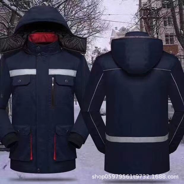 Invierno calentamiento reflectante ropa de trabajo de algodón ropa de algodón media y larga ropa de trabajo de protección contra el frío ropa de trabajo chaqueta de algodón mayorista