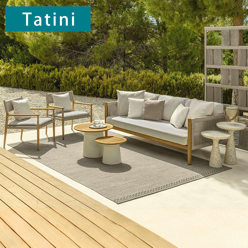 Sofá de teca al aire libre patio minimalista terraza jardín villa impermeable combinación de muebles de ocio solar image 2