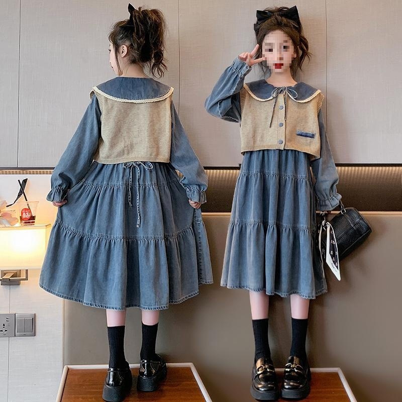 女の子ドレス、春秋新作、中型、大型子供用セーターベスト、女の子おしゃれデニムドレス、ツーピースセット、トレンド|undefined