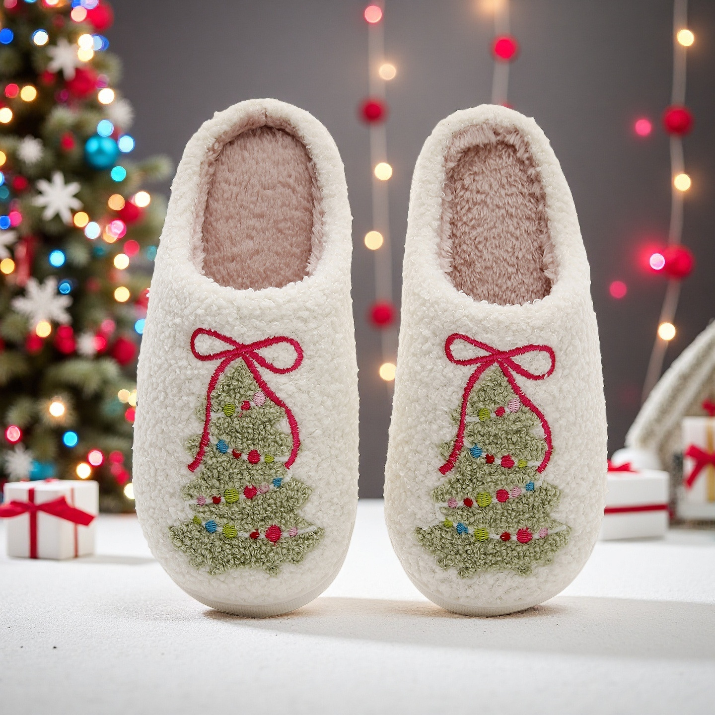 25 Years New Cross-Border Exclusive Bow Christmas Tree Women's Home Slippers Autumn and Winter Slippers Can Be Shipped with Barcode Stickers