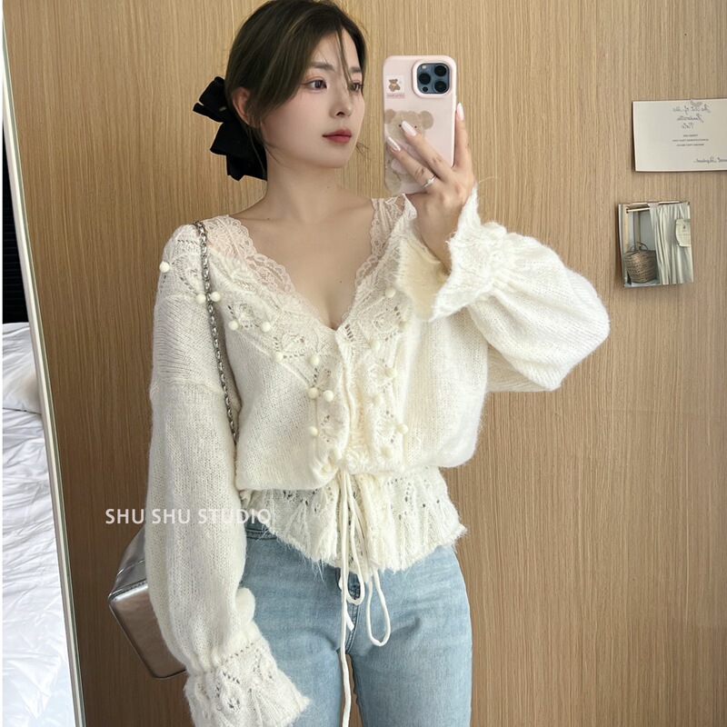 Korean Style Gentle Style Cut Out Lace V-Neck White Knitted Cardigan Women's Autumn New Loose Waist Sweater Top