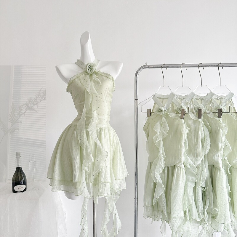 Temple Green Lime Milk Jelly Dress/Mid-Length Round Neck Halter Neck Rhinestone 3D Flower Waist-Cinching Dress for Women Summer 2026