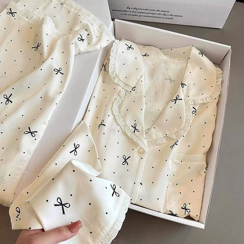 French-Style Light Luxury High-Value Ins Bow Polka Dot Princess Style Ice Silk Lace Trim Long-Sleeve Long Pants Pajamas Wholesale French-Style Light Luxury High-Value Ins Bow Polka Dot Princess Style Ice Silk Lace Trim Long-Sleeve Long Pants Pajamas Wholesale