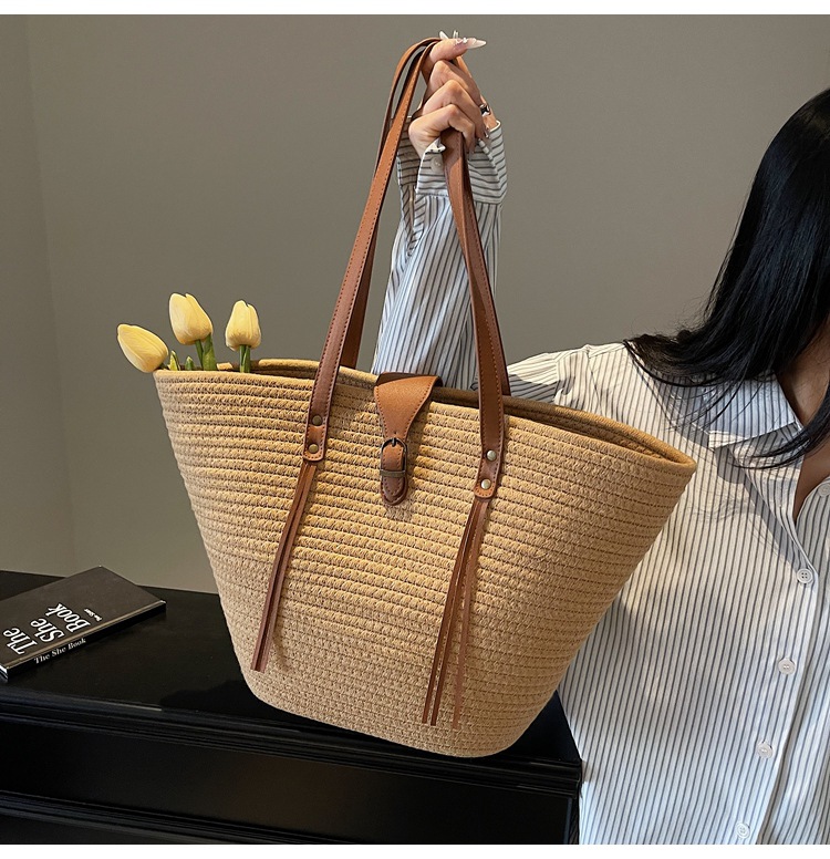 1125g Weight Weave Fashion Element Lock clasp Closure Type Double Shoulder Straps Strap Type Straw Bag Bags Type Casual Occasion cotton rope Material Solid Color Pattern Spring&Summer Season Women's Gender Beach Style Bucket Shape Large Size Women's Large Cotton Rope Solid Color Beach Weave Bucket Lock Clasp Straw Bag 5