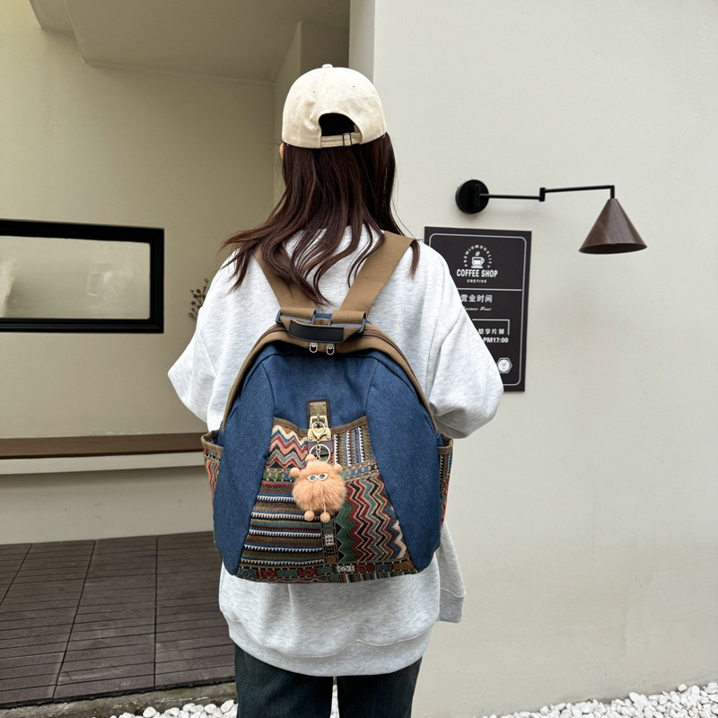 2025년 신상 민족풍 패션 데님 백팩 레트로 자수 대용량 여행 출퇴근용 백팩 여성용