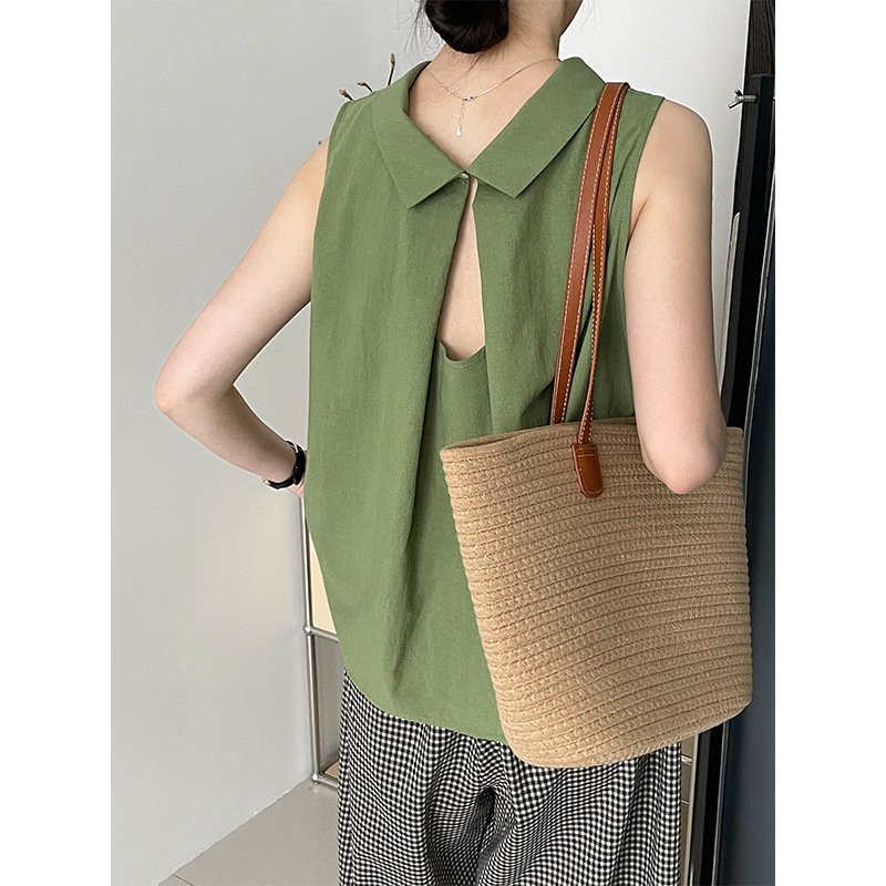 Tao Chuan Korean Style Design Sense Back Hollow Out Small Shirt Women's Solid Color Elegant Age-reducing Sleeveless Top with Vertical Collar 33020