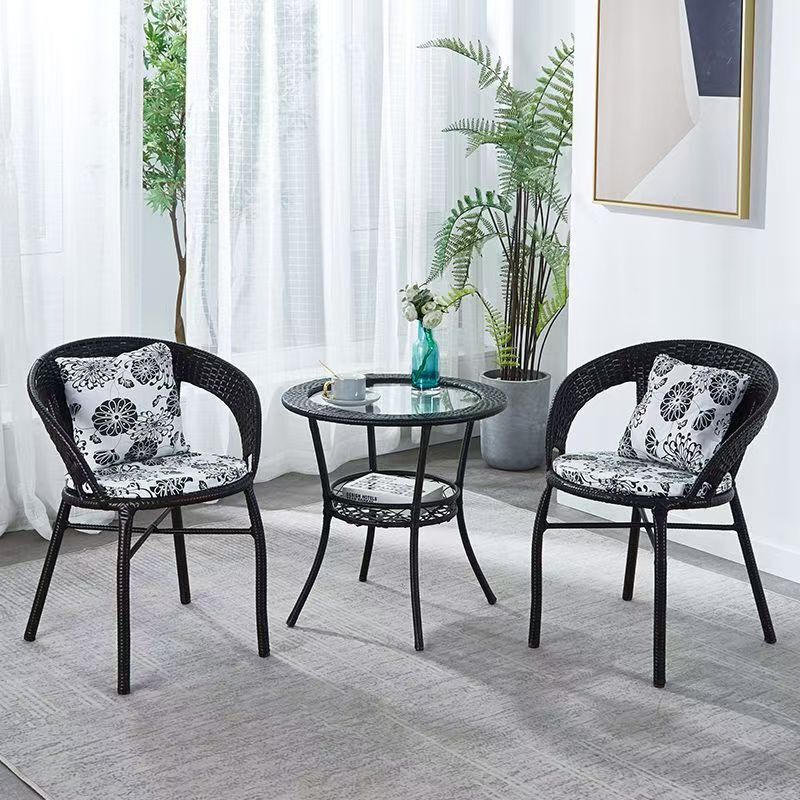 Balcony home-use small tea table, villa courtyard rattan tea table and chair set, outdoor open-air rattan chair three-piece set, small round table Balcony home-use small tea table, villa courtyard rattan tea table and chair set, outdoor open-air rattan chair three-piece set, small round table