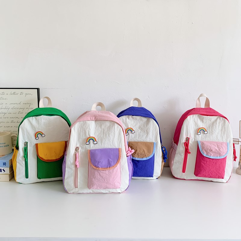 Jardín de infantes bolsas escolares estilo coreano color contraste mochila arco iris para niños y niñas mochila de viaje ligera para niños