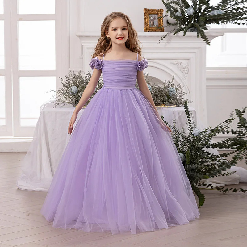 Helllila schulterfreies Kinderkleid für Geburtstagsfeiern, Modenschauen für kleine Mädchen, Kostüm für Festumzüge_voghion.com