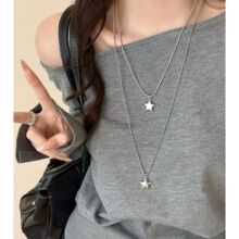 韩系双层叠戴五角星钛钢项链女简约百搭长款毛衣链秋冬高级感配饰