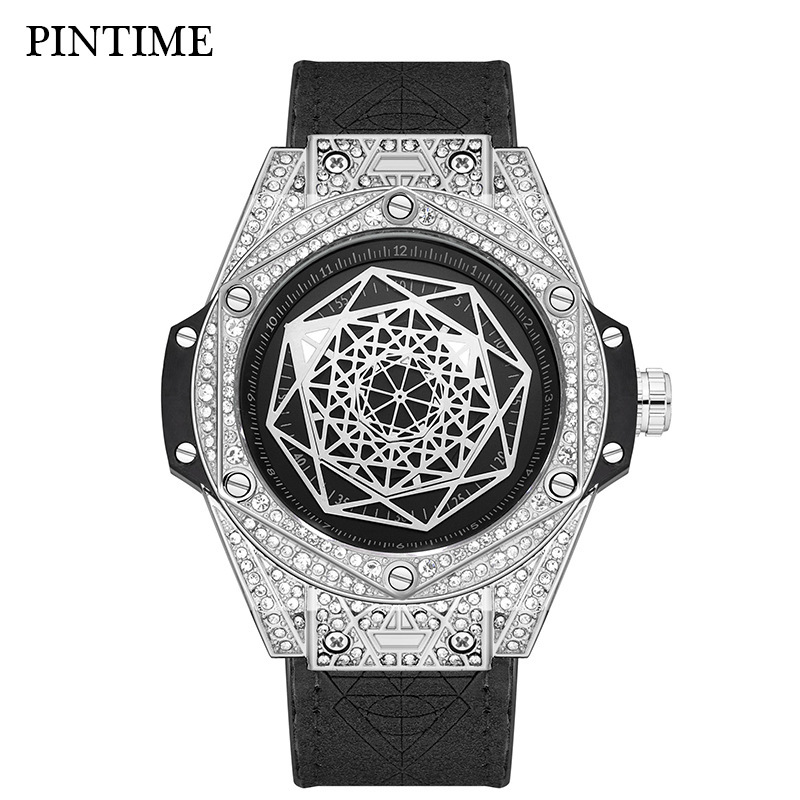 Pintime Men's Watch European and American Full Diamond Watch Men's High-End Waterproof Niche Model Needleless Watch Watch