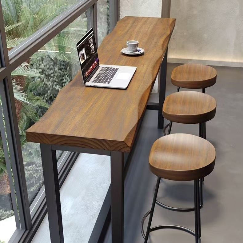 Solid Wood Bar Table for Home Use, Narrow Wall-Mounted Table for Balcony, Commercial Long Table for Milk Tea Shop, Bar High Table and Chair Set
