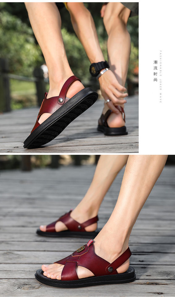 Dép sandal nam quai ngang hở ngón chất liệu da PU chống trơn trượt, thoáng khí — Màu kaki, Màu nâu, Nâu đỏ, Đen toàn bộ chi tiết 15