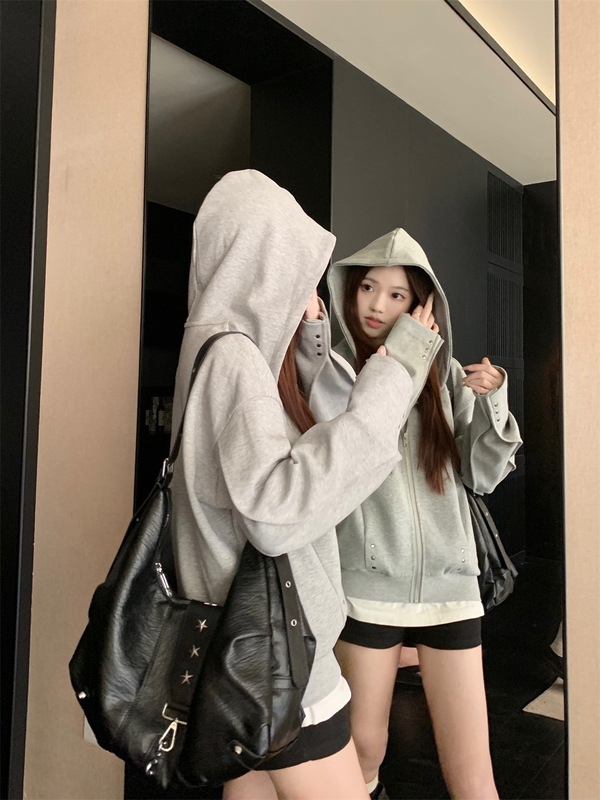 美式辣妹设计感铆钉连帽卫衣外套女装秋季慵懒宽松灰色开衫上衣潮|undefined