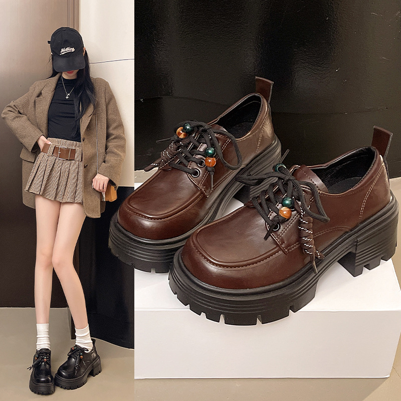 阿蔓诺黑色乐福鞋女2025新款复古百搭厚底小皮鞋通勤系带深口单鞋