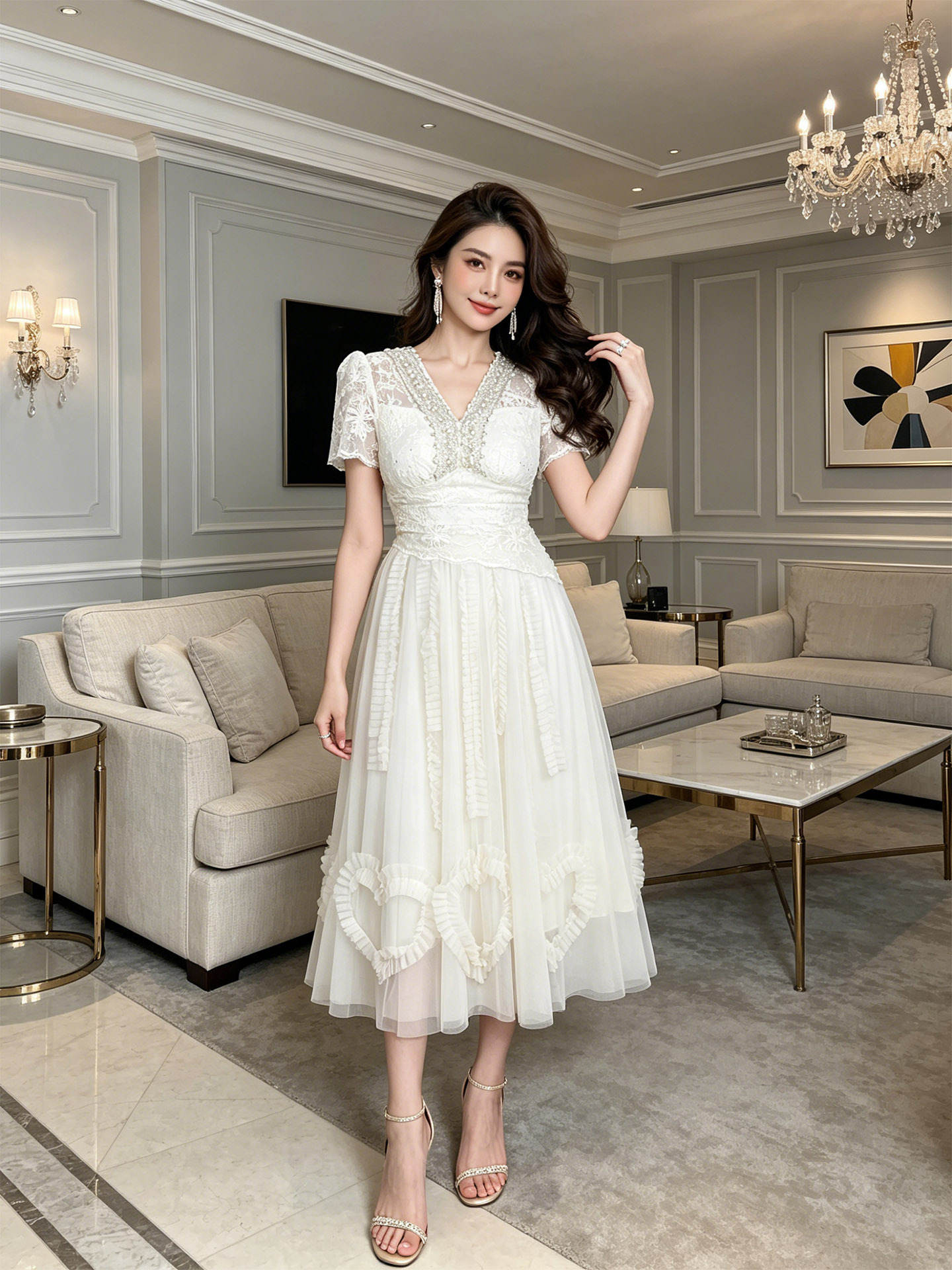 Đầm nữ ren lưới cổ V đính đá thắt eo phong cách dịu dàng — màu mơ