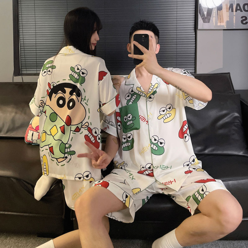 Cute Crayon Shin-Chan Ice and Snow Silk Couple Pajamas Summer Cardigan Short Sleeve Shorts Cartoon Plaid Home Clothes Set Cute Crayon Shin-Chan Ice and Snow Silk Couple Pajamas Summer Cardigan Short Sleeve Shorts Cartoon Plaid Home Clothes Set
