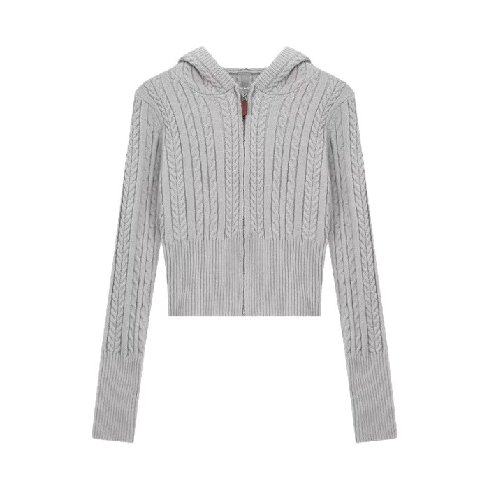Correa de torsión con capuz de punto Cardigan de mujeres otoño y invierno nuevo suéter con cremallera pequeño delgado corta camisa exterior
