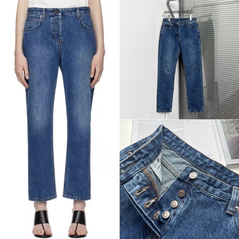 House25 Spring and Summer Button Placket Five-Flap Pocket Pants Design Non-Elastic Slim Blue Small Straight Jeans for Women