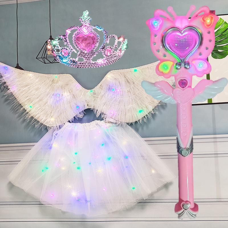 Alas de tela blanca Falda de lámpara blanca Corona de lámpara rosa Palillo de proyección de mariposa