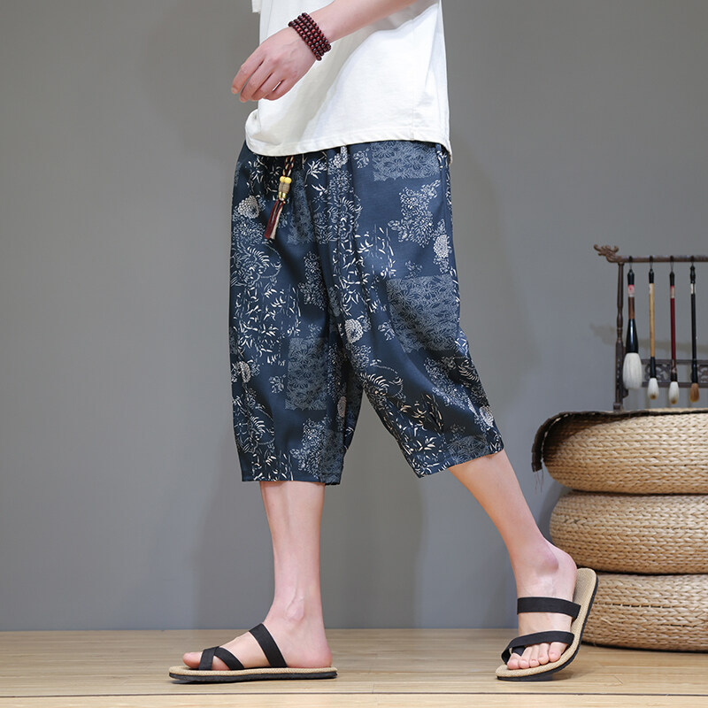 Chinese Style Summer New Men's Fashion Casual Cropped Pants Loose Plus Size Trendy Wide-Leg Floral Pants Wholesale