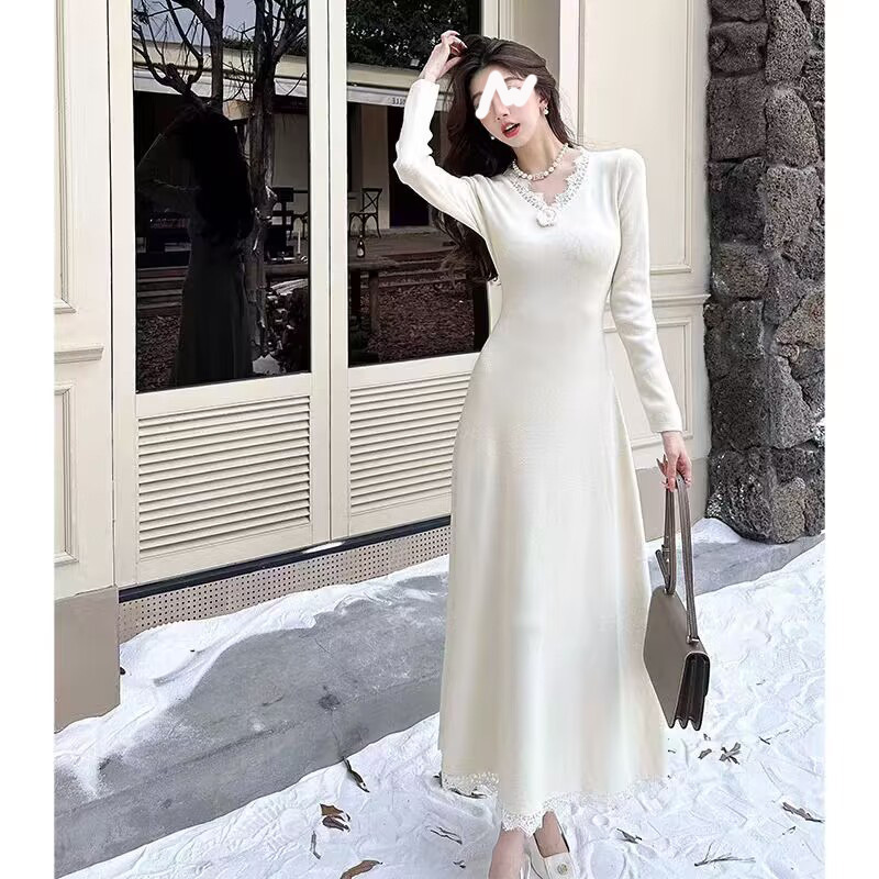 法式气质V领拼接蕾丝裙针织连衣裙女秋冬季新款过膝打底毛衣长裙|undefined