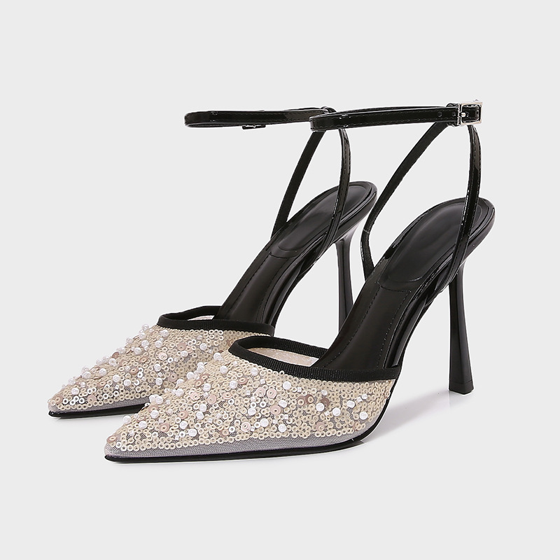 ZA2025 Summer New Women's Shoes Lustre Mesh Pointed High Heeled Muller Shoes Women's Thin Heeled Sandals