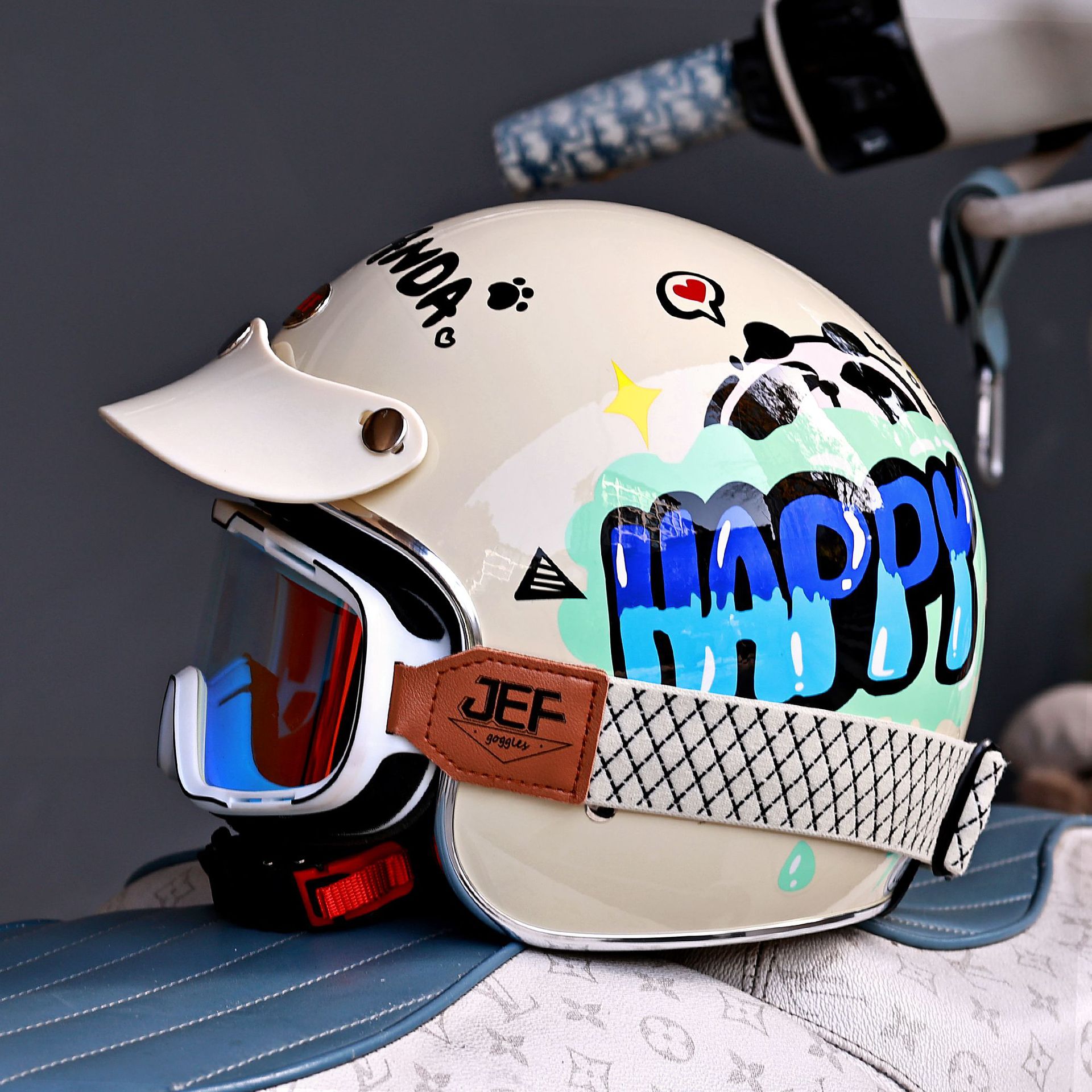 Taiwan Jef Retro Electric Motorcycle Helmet 3C Unisex Winter Warm Three-Quarter Helmet Cute All-Season Helmet