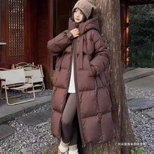 黑色连帽轻薄羽绒服女中长款2025冬季新款过膝小个子感长外套欧美