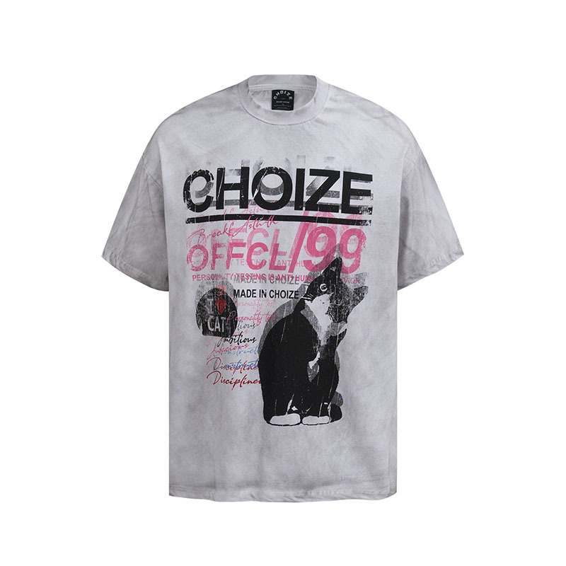 TKPA American Streetwear Brand T-Shirt Vintage Retro Cat Print Stained Distressed Loose Short-Sleeve T-Shirt for Men