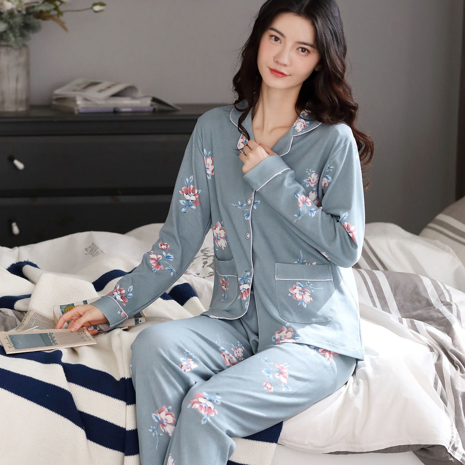 Pijamas de algodón para mujer Primavera y otoño Chaqueta de manga larga para mamás de mediana edad Traje de mediana edad y ancianos más tamaño ropa para el hogar invierno