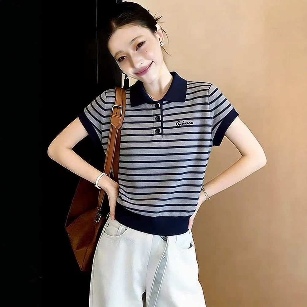 Áo thun polo nữ tay ngắn sọc kẻ phong cách Hàn Quốc — Sọc chi tiết 3