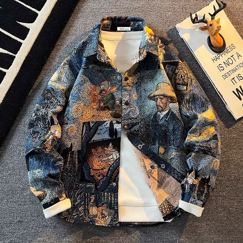 Van Gogh Oil Painting Shirt Men's Spring and Autumn Korean Style High-street Ripper Handsome Men's Top Trendy Brand Art Student Casual Jacket