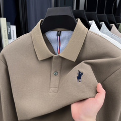 重いポンドのポールの純綿の男性の長袖のtシャツは襟の小さい馬のマークの刺繍の上着の中年のpoloシャツの男性の春秋服を折ります。