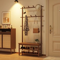靴ラック、靴交換スツール、洋服ラック付き靴キャビネット、一体型洋服ラック、床置き寝室、ホームドア、玄関、無垢材コートラック