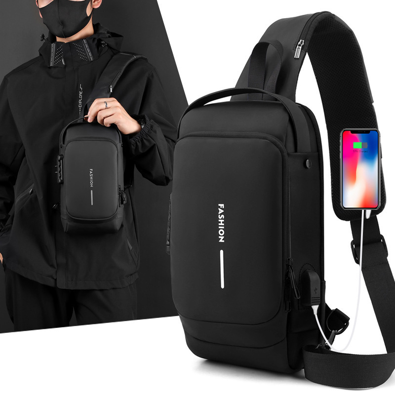 コントラストカラーバイクバッグメンズパスワードロック盗難防止チェストバッグメンズクロスボディバッグチェストバッグアウトドアスポーツUSBインターフェースチェストバッグ|undefined