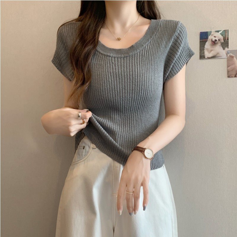 Grey Pit Strip Shoulder Short-sleeved Knitted T-shirt Women's Summer plus size chubby girl Belly Covering Slimming Shirt Short Top
