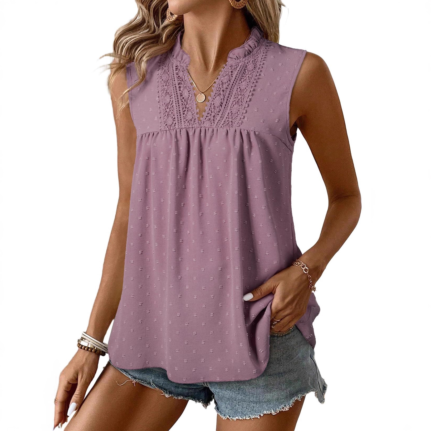 Women's Swiss Dot Lace Trim Sleeveless V-Neck Blouse, Relaxed Fit Breathable Top For Casual & Office Wear_ecoleips.com